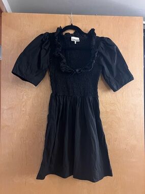 GANNI Black Cotton Poplin Smock Puff Sleeve Mini Dress Size 32 Pristine